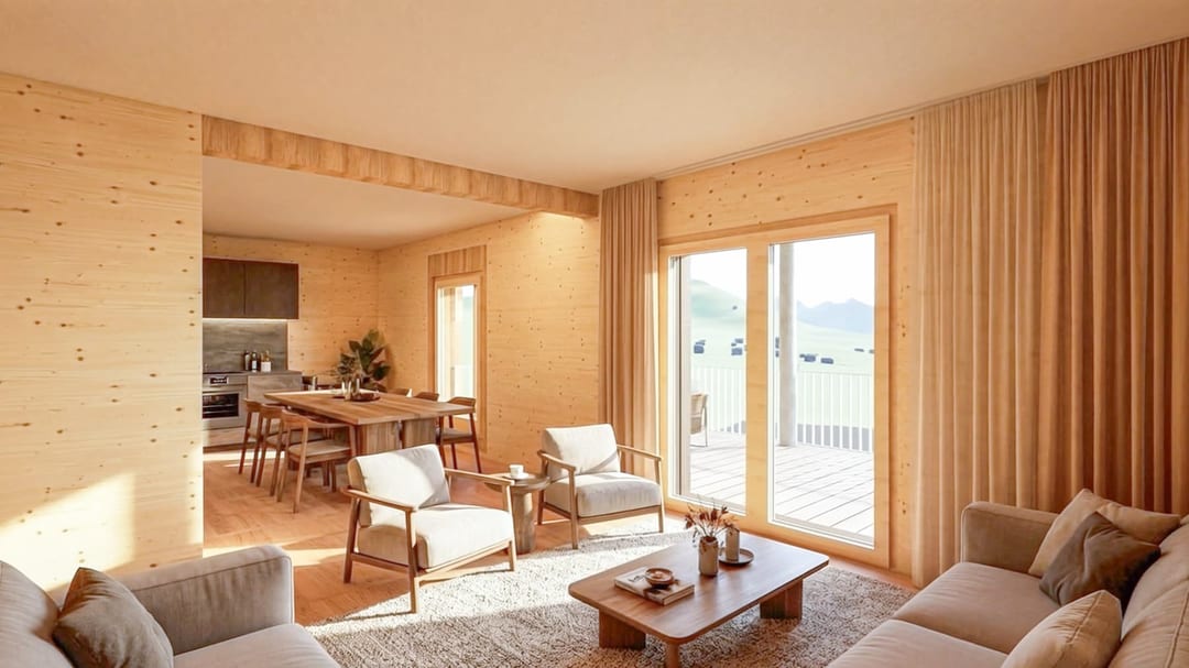 Mondhaus Resort Fiesch: Wohnraum mit Küche und Zugang zur Terrasse