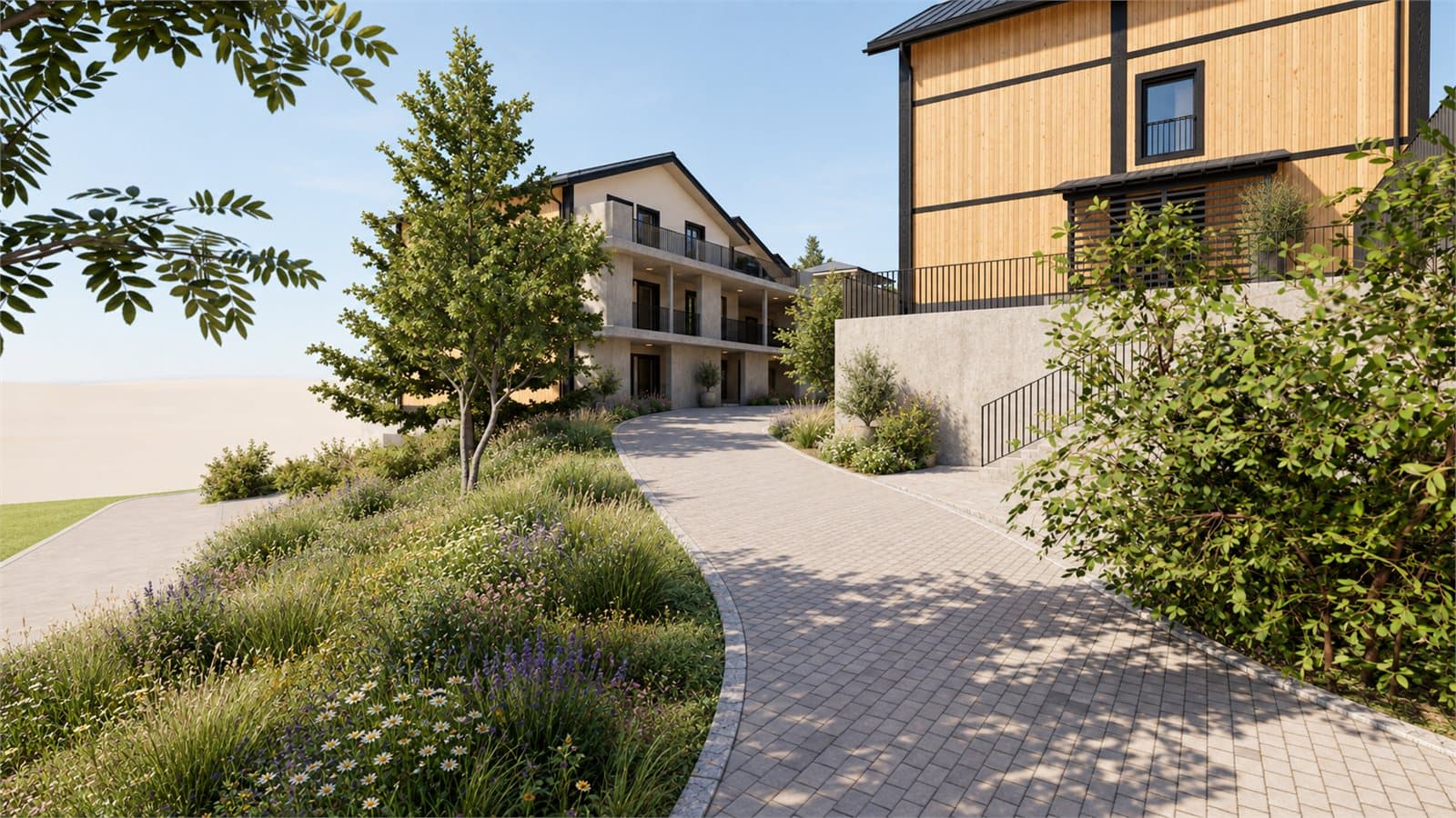 Zufahrt zum Mondhaus Mountain Village in Fiesch: Quartierstrasse mit Ferienhäusern aus Holz und Doppelcarports, Visualisierung