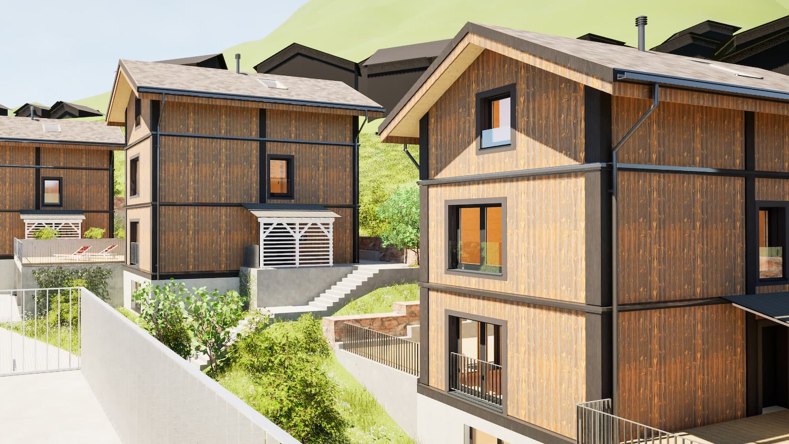 Mondhaus Resort Fiesch: Terrassen und Aussenräume der Ferienhäuser