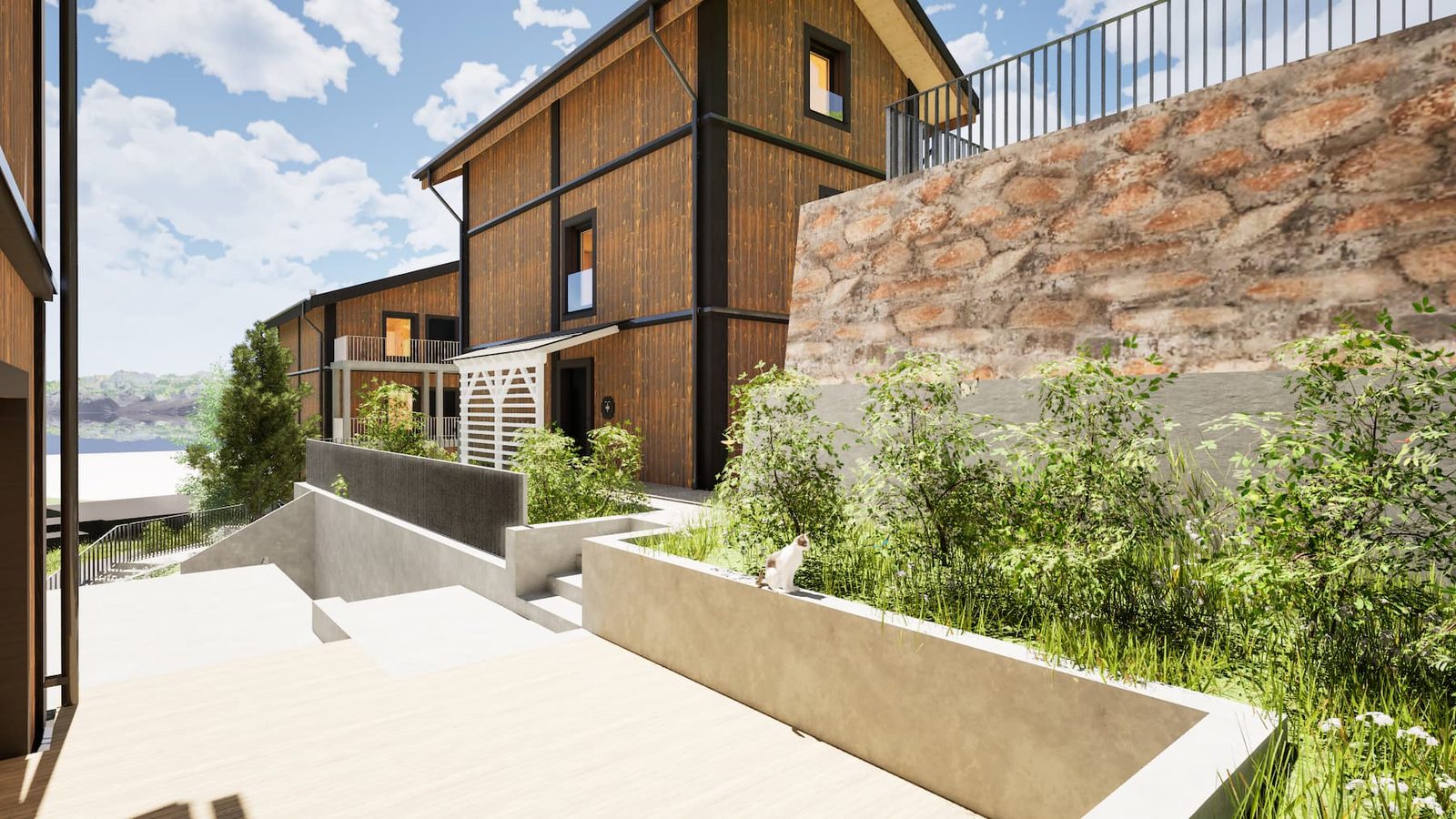 Mondhaus Resort Fiesch: Terrasse mit Bruchsteinmauer