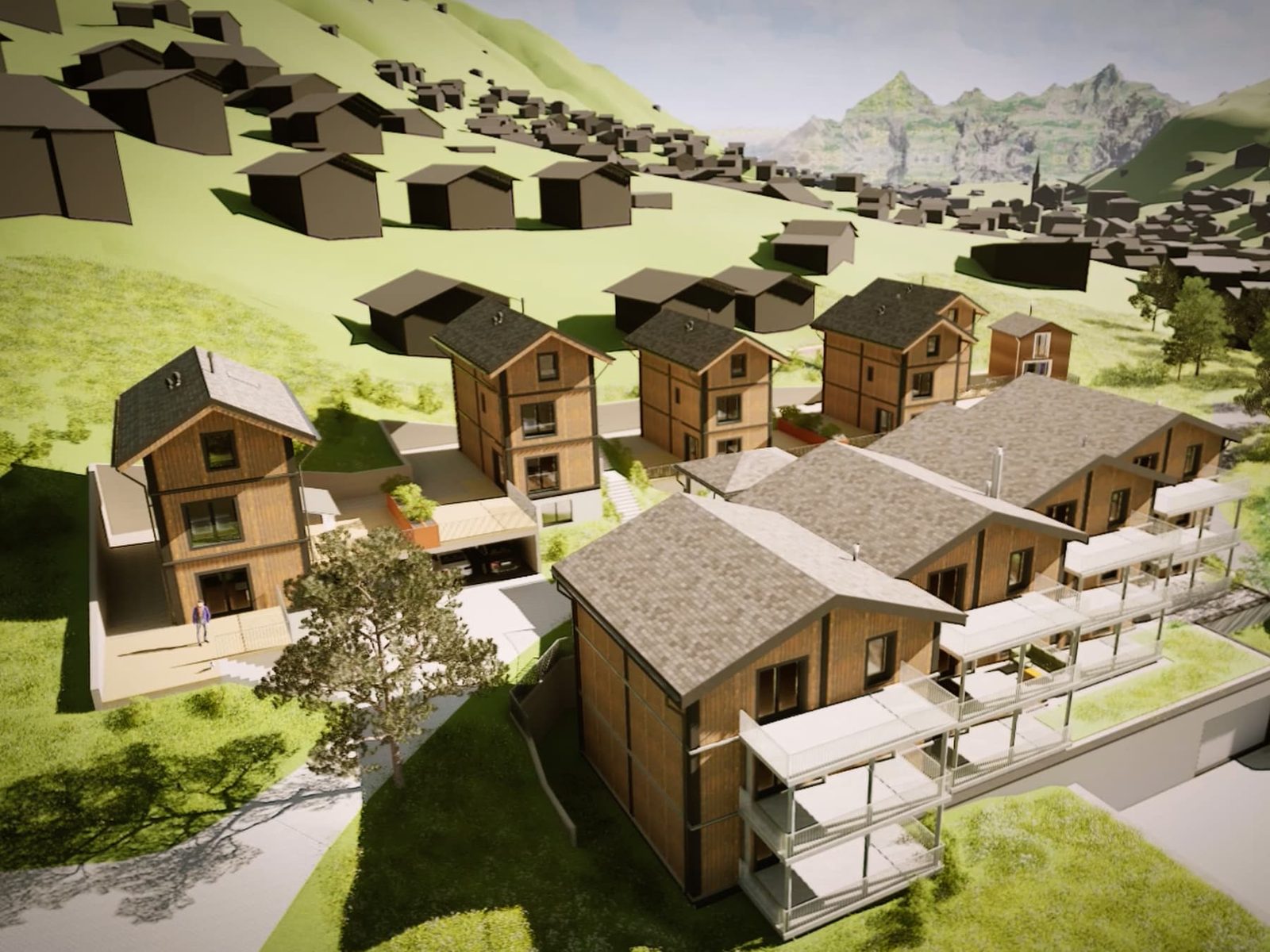 Mondhaus Resort Fiesch: Visualisierung der Ferienhäuser und Mehrfamilienhäuser