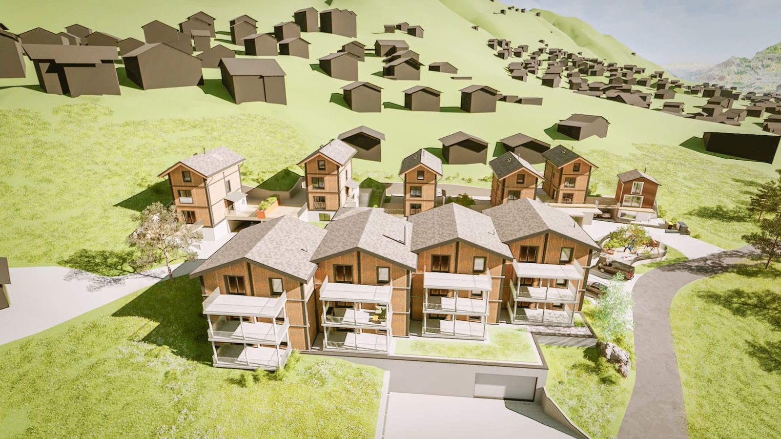 Mondhaus Resort Fiesch: Visualisierung des Ensembles von Osten